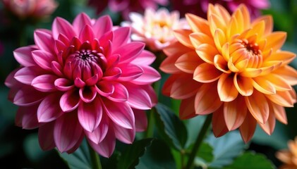 Fototapeta premium Intricate dahlia blooms, vibrant colors, close-up view, botanical, decorative, elegant