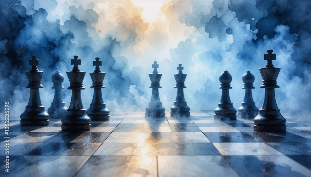Poster dramatic chess setup on a checkered board with a smoky, ethereal backdrop and a bright light source 
