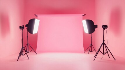 Bright LED and softbox lights stand tall in a professional studio, casting shadows on a pastel pink backdrop.