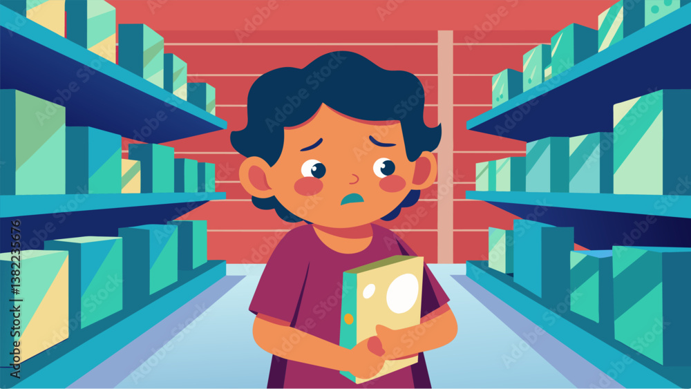 Poster a child browsing through the aisles with a worried expression knowing their parents budget and tryin