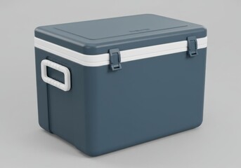 A close up shot of a blue and white cooler with a handle on a light gray background in a studio shot