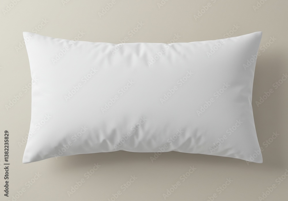 Poster a simple white rectangular pillow resting on a neutral surface with soft lighting in a studio settin