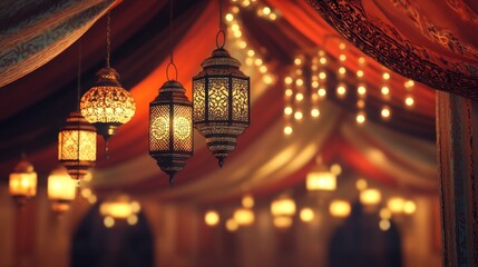 Obraz premium Enchanting Ramadan Celebration: Festive Tent Adorned with Decorative Lanterns and Glowing Lights