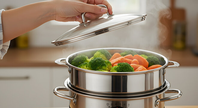 Woman's Hand Lifting Lid from Stainless Steel Steamer with Steaming Broccoli and Carrots