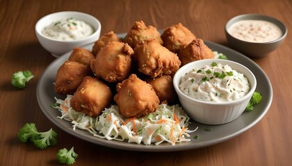 A studio shot of a plate of fried chicken bites, coleslaw, and a bowl of sauce. The chicken bites are golden brown and crispy
