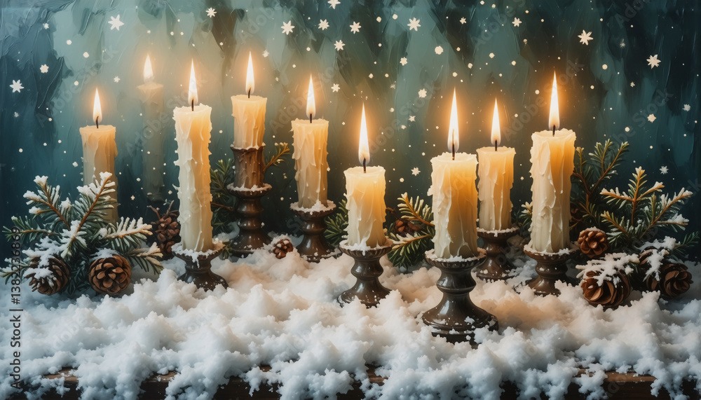 Poster a group of lit candles on ornate holders are arranged on a surface covered in snow, adorned with pin