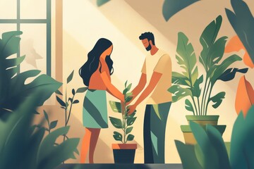 A couple tending to a potted plant together, bathed in sunlight streaming through a window, surrounded by lush greenery.