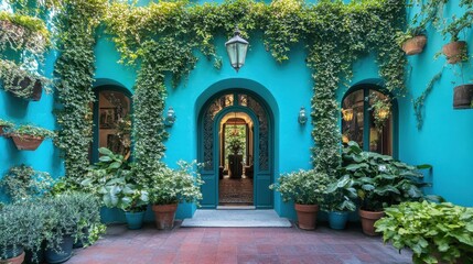 Fototapeta premium Bright turquoise entrance with ivy-covered walls and potted green plants surrounding it