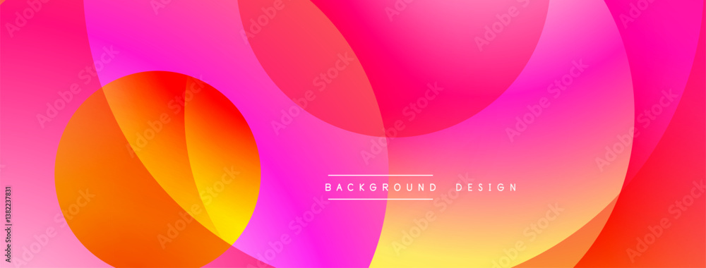 Poster Bright vibrant background. Overlapping circles create dynamic gradient effect. Smooth transitions between orange, pink, yellow hues. Modern design element.