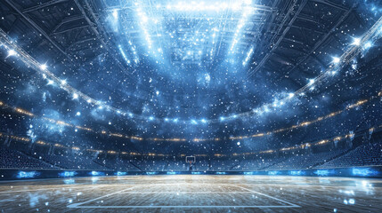 basketball court under bright stadium lights with dramatic snowy effect copy space for text blank background