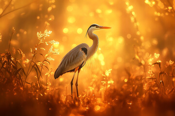 "Great Blue Heron in Autumn Reeds: Majestic Stance and Feather Details"