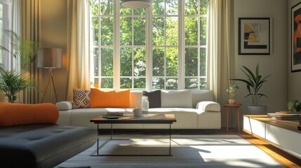 Chic living room with bold accent pillows, sleek furniture, and natural light streaming in