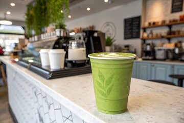 Matcha latte cup on counter in modern cafe with blurred bar and coffee machine background. Trendy green tea beverage, plant based milk drink for breakfast or break.