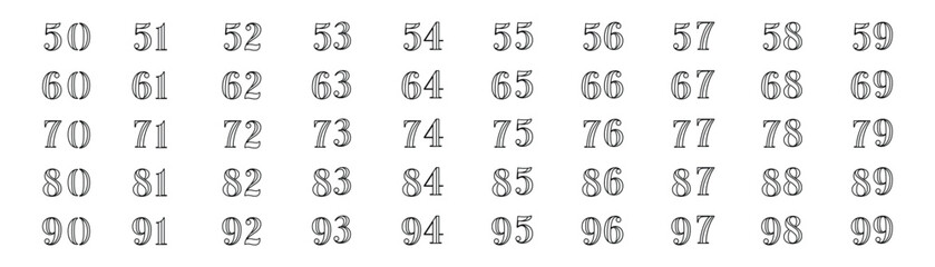 collection of numbers 50 to 90 in line style in white  background