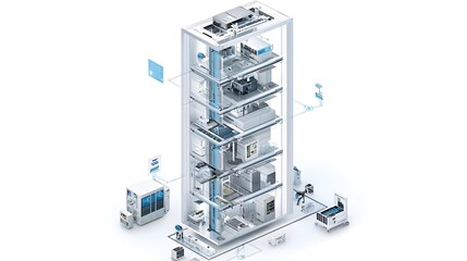 A vertical cutaway of a sleek glass enclosed skyscraper showcasing advanced building technologies like smart energy management systems and AI powered automation for efficient and sustainability