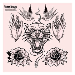 collection of tattoo designs for hands, lion heads, roses and birds