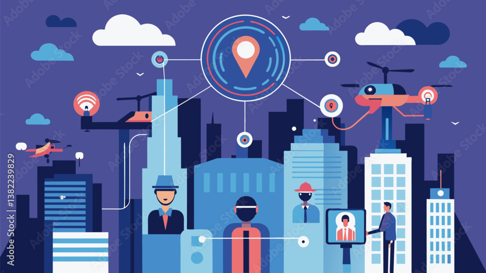 Poster a mockup of a future city with surveillance drones that use biometric data to track and identify ind
