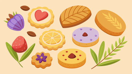 A selection of delicate shortbread cookies in a variety of shapes and flavors such as almond and cranberry or lavender and lemon.. Vector illustration
