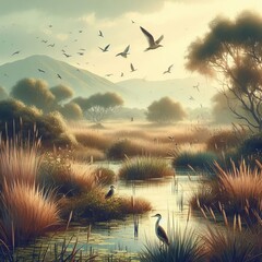 Marshy grasses reeds shallow pools birdlife abundant