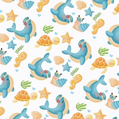 Cute Sea Animals Seamless Pattern Wallpaper Adorable Ocean Creatures Repeat Pattern for Wallpaper Backgrounds Fabric
