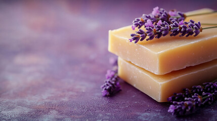 Handmade soap bar with fresh lavender flowers on a purple background, symbolizing natural skincare, relaxation, and wellness. Ideal for aromatherapy and herbal beauty treatments