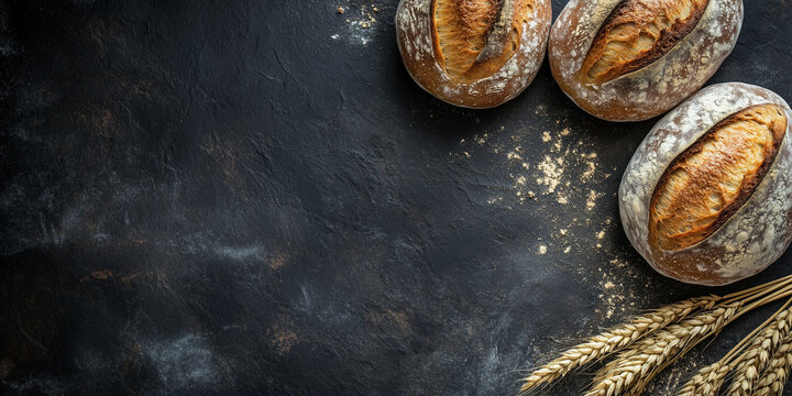 Selbstgebackenes Bio-Brot auf dunklem Schiefer-, Stein- oder Betonhintergrund, Ansicht von oben, Bannerkonzept