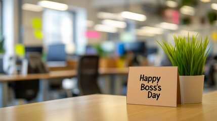 Happy Boss's Day card on a desk in a modern office.