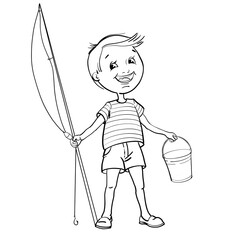 Cartoon illustration small boy with rod and Buсket. illustration for coloring book