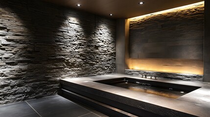 Spa-inspired minimalist bathroom with stone-textured walls, recessed ambient lighting, and a sunken soaking tub for ultimate relaxation.