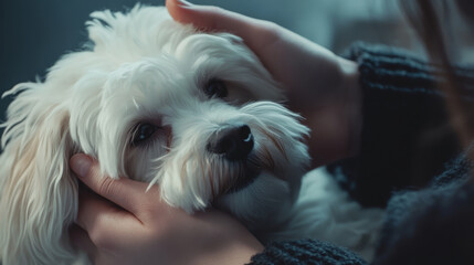close up of cute white Havanese dog being gently held by person, showcasing tender moment filled with affection and warmth. dog fluffy fur and expressive eyes create heartwarming scene