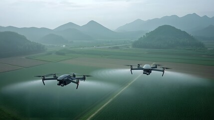 Fototapeta premium Aerial view of drones monitoring a remote hazy mountain farm with rolling green fields and dense forestry in the distance