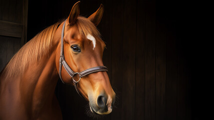 Fototapeta premium Beautiful brown horse head portrait looking from dark stable doorway.