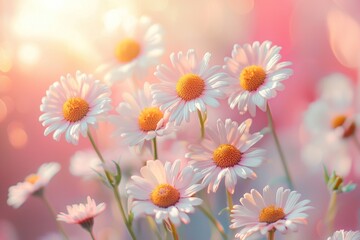 Close up image showing several white and yellow daisies