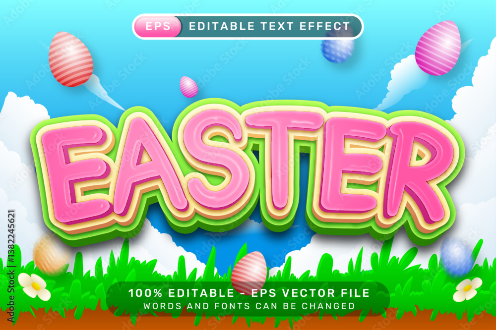 Poster happy easter 3d text effect and editable text effect with easter egg illustrations