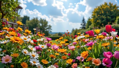 Fototapeta premium A whimsical garden scene featuring a variety of flowers like daisies, sunflowers, and tulips underneath a bright sky.
