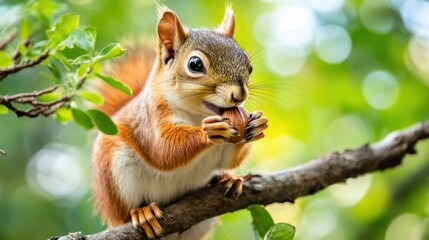 Obraz premium A curious squirrel on a branch, nibbling on a nut