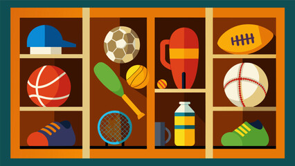 Fototapeta premium A collection of sports equipment including a baseball glove soccer ball and tennis racket arranged in a cubby hole for quick access during gym class.. Vector illustration