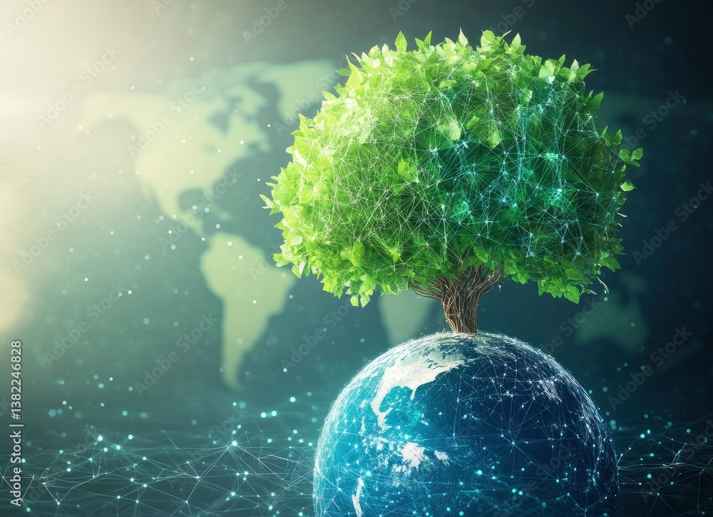 Poster tree growing on earth with global connection network ecology concept