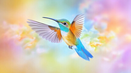 Colorful iridescent hummingbird hovering mid air soft pastel color background.