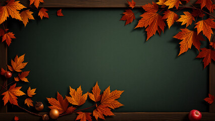 Autumn leaves and acorns adorn a dark green rectangle with a wooden border.  Fall foliage in warm tones like orange and brown create a seasonal background.