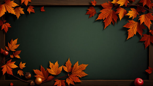 Autumn leaves and acorns adorn a dark green rectangle with a wooden border.  Fall foliage in warm tones like orange and brown create a seasonal background.