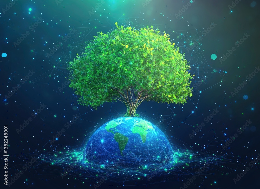 Poster tree growing on earth globe with network connections and starry background