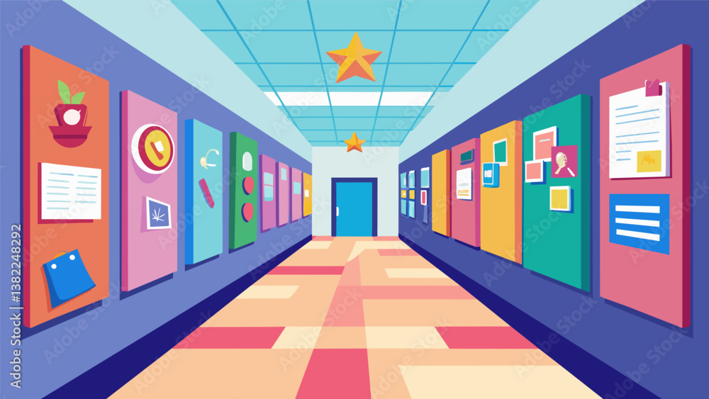 Poster a bulletin board in the hallway is adorned with colorful posters each displaying a different student