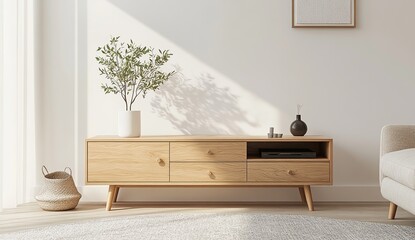 Modern Minimalist Living Room Interior with Light Wood Tv Stand