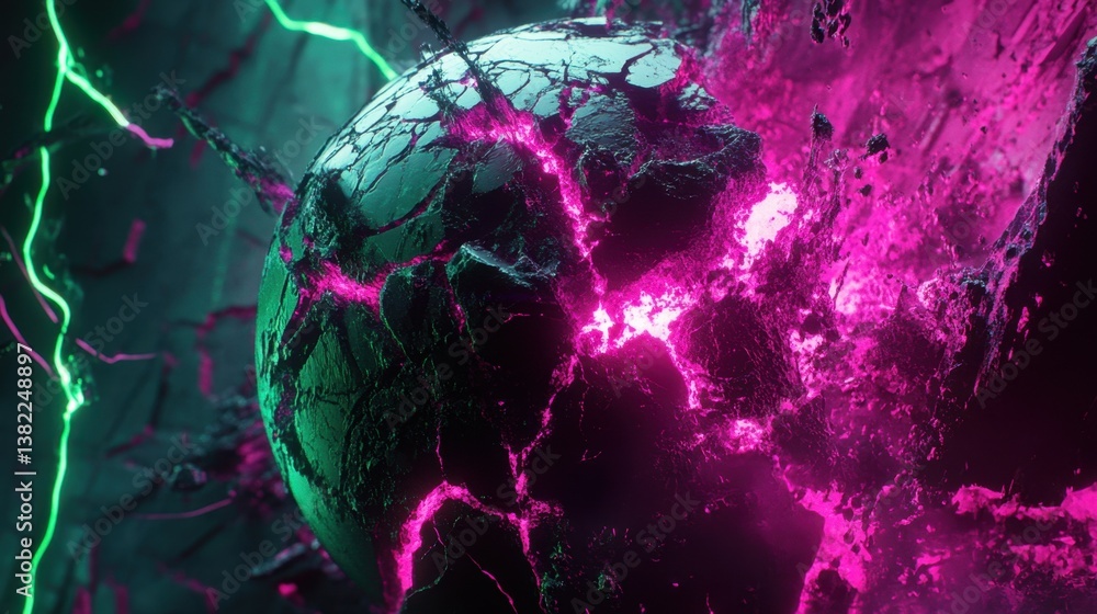 Poster cracks in a metallic structure emit pulsating neon green and magenta lights, adding futuristic energ