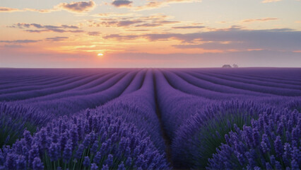 Fototapeta premium Endless rows of lavender flowers stretch to the horizon under a colorful sunset. Purple blossoms blanket the field in warm, peaceful light.