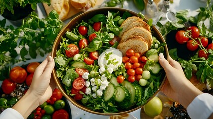 Healthy Green Salad Bowl  Fresh Cucumber  Tomato  and Feta Cheese