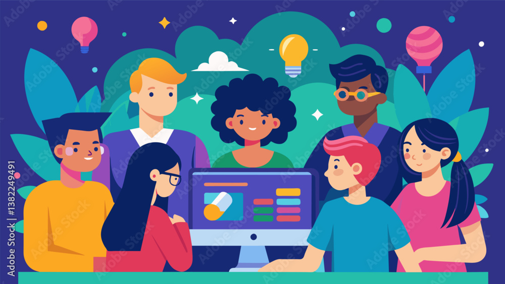 Poster a group of students gathered around a computer screen their faces illuminated by the bright colors a