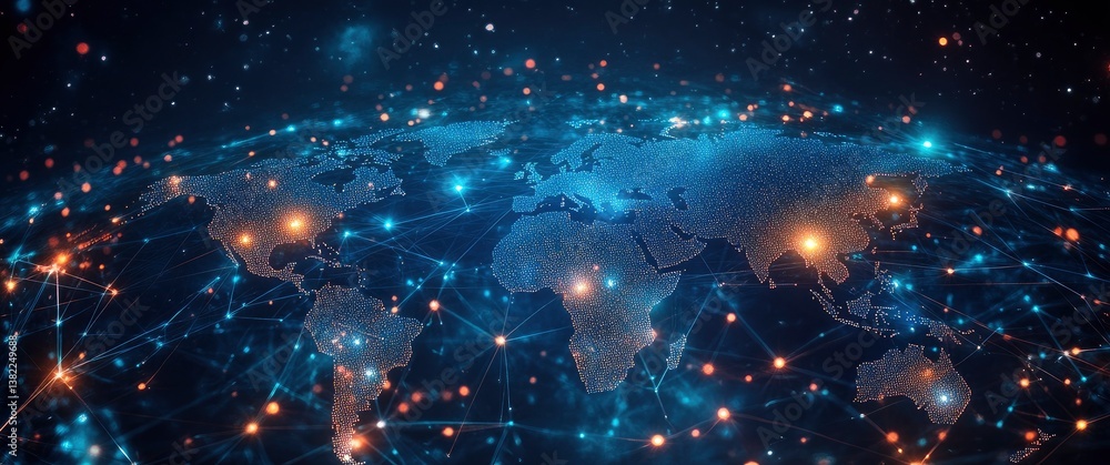 Poster global network connecting world map with data points and glowing lines