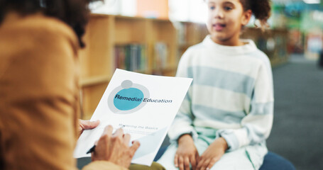 Discussion, library and kid with school counsellor for future, growth or remedial education. Talking, help and therapist with girl student for skills development with assessment at campus for ADHD.